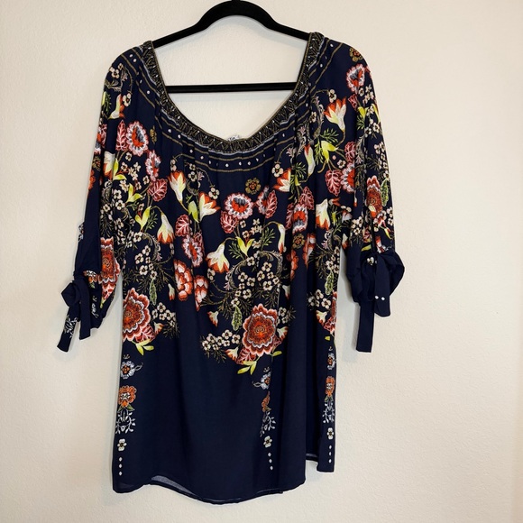 2/$30 Naïf Boho Chic Navy Floral Feminine Women's Blouse Top - Picture 8 of 12